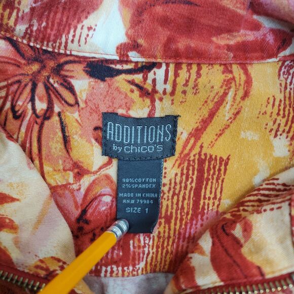 Chicos Additions Floral Red Orange Yellow Beige Zippered Jacket Womens Sz 1 - Picture 7 of 16